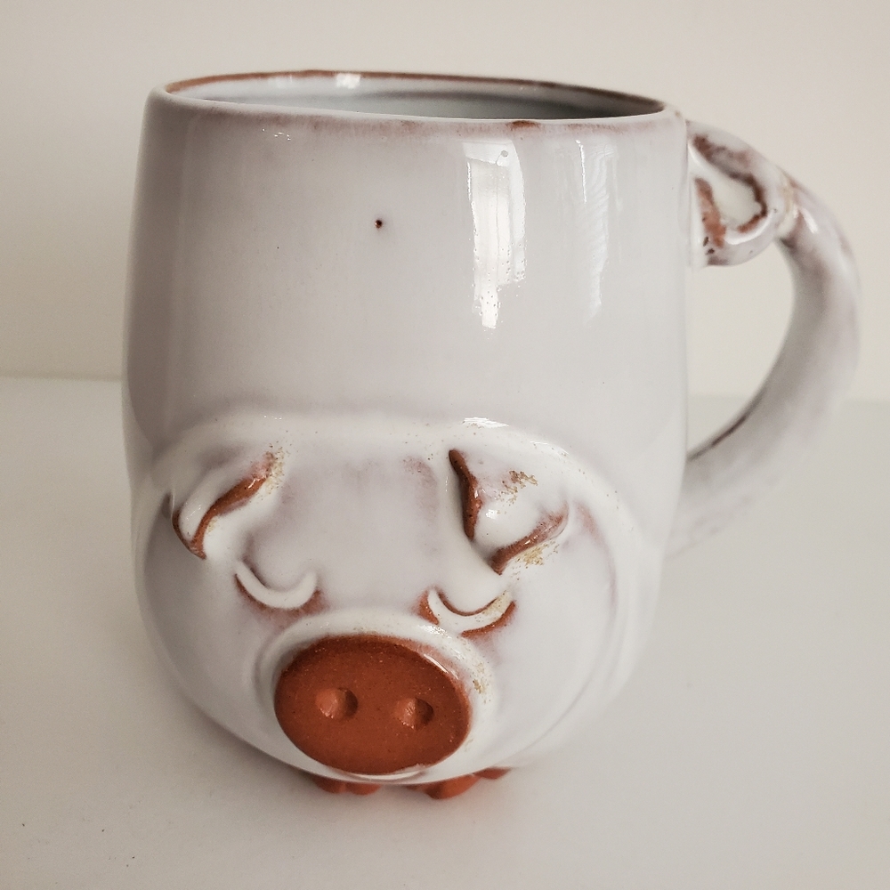 3D Pig Figural Mug Red Clay Accents  Swine Tail Whimsical Handle Piggy Cup